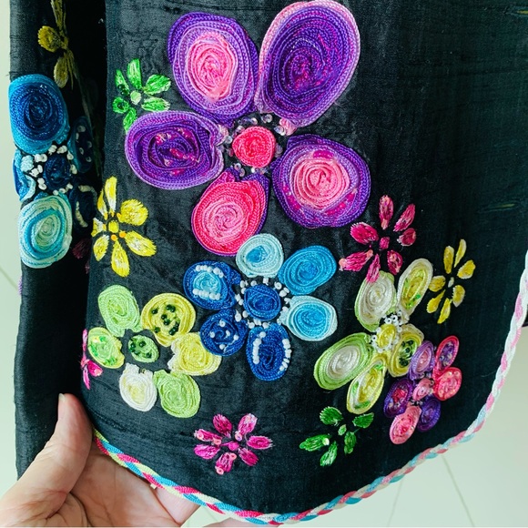 100% Silk Jacket Blazer Black Floral Embroidery Embellished Vibrant Anage XS - Picture 4 of 8